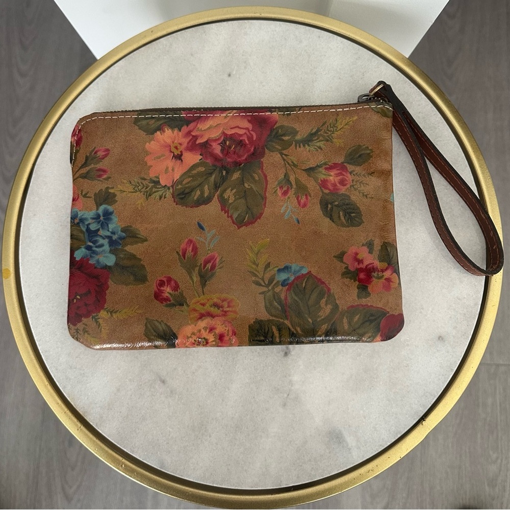 Patricia Nash Brown and Red Floral Leather Clutch Wristlet